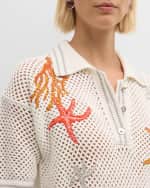 Image 6 of 8: Versace Coral Embroidered Short-Sleeve Crochet-Knit Polo Sweater