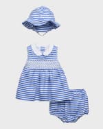 Image 1 of 3: Ralph Lauren Childrenswear Girl's Smocked Poplin Top, Hat and Bloomers Set, Size 9M-24M