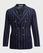 Image 1 of 6: Brunello Cucinelli Men's Striped Double Breasted Linen Sport Jacket