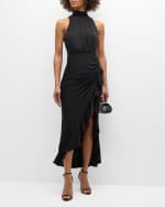 Image 2 of 6: Cinq a Sept Antonia Sleeveless Draped Mock-Neck Ruffle Slit Midi Dress
