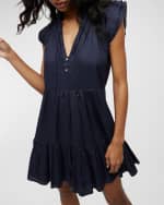 Image 3 of 3: Veronica Beard Zee Tiered Linen Flutter-Sleeve Mini Dress