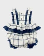Image 2 of 3: Petite Maison Kids Girl's Checkered Linen Ruffle Romper, Size 3M-4