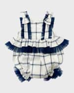 Image 1 of 3: Petite Maison Kids Girl's Checkered Linen Ruffle Romper, Size 3M-4