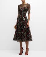 Image 5 of 6: Rickie Freeman for Teri Jon Floral-Embroidered Tulle Midi Dress