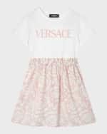 Image 1 of 3: Versace Girl's Logo-Print Combo Dress W/ Barocco Skirt, Size 8-14
