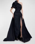 Image 2 of 4: Elie Saab Bow One-Shoulder Draped Taffeta Slit Gown