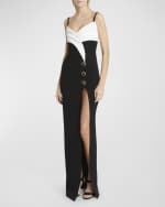 Image 5 of 6: Balmain Two-Tone Crepe Draped Long V-Neck Split Dress