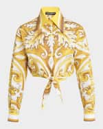 Image 1 of 7: Dolce&Gabbana Maiolica Brocade Print Cropped Button-Front Shirt
