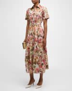 Image 2 of 6: Adam Lippes Leighton Floral-Print Short-Sleeve Belted Midi Shirtdress