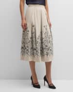 Image 2 of 6: Eleventy Pleated Floral-Embroidered Midi Skirt