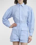 Image 2 of 6: Plan C Striped Blouse-Sleeve Button-Front Shirt