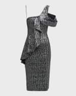 Image 1 of 6: Chiara Boni La Petite Robe One-Shoulder Ruffle Sequin Midi Dress
