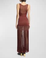 Image 3 of 6: Rabanne Plunging Beaded Crochet-Knit Fringe Maxi Dress