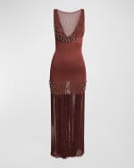 Image 1 of 6: Rabanne Plunging Beaded Crochet-Knit Fringe Maxi Dress