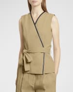 Image 1 of 4: Proenza Schouler Elliot Leather-Piping Belted Cotton-Linen Sleeveless Wrap Top