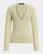 Image 1 of 6: Ralph Lauren Collection V-Neck Silk Cable Knit Sweater