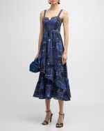Image 2 of 6: Cinq a Sept Jordyn Patchwork Denim Tiered Ruffle Bustier Midi Dress