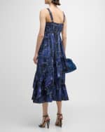 Image 3 of 6: Cinq a Sept Jordyn Patchwork Denim Tiered Ruffle Bustier Midi Dress