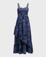Image 1 of 6: Cinq a Sept Jordyn Patchwork Denim Tiered Ruffle Bustier Midi Dress