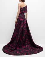 Image 3 of 6: Pamella Roland Floral Fil Coupe Draped One-Shoulder Slit Gown