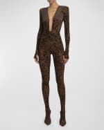 Image 5 of 6: Alex Perry Ruched Plunging Long-Sleeve Leopard Burnout Catsuit
