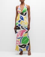 Image 2 of 5: Cala de la Cruz Eli Floral Linen Long Backless Halter Dress