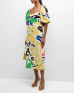 Image 2 of 6: Cala de la Cruz Uti Puff-Sleeve Multicolor Linen Midi Dress