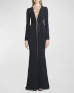 Image 2 of 6: Talbot Runhof Lace-Up Plunging Long-Sleeve Cady Trumpet Gown