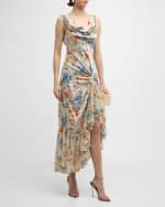 Image 5 of 6: Cinq a Sept Ciara Floral Silk Sleeveless Ruffled Flounce Midi Dress