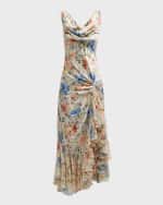 Image 1 of 6: Cinq a Sept Ciara Floral Silk Sleeveless Ruffled Flounce Midi Dress