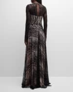 Image 3 of 6: Naeem Khan Beaded Long-Sleeve Illusion Gown