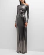 Image 2 of 6: Ralph Lauren Metallic Long-Sleeve Ruched Gown