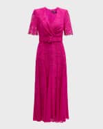 Image 1 of 6: Badgley Mischka Collection Belted Lace Godet Midi Dress