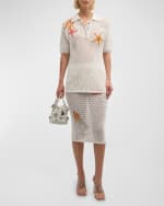 Image 8 of 8: Versace Coral Embroidered Short-Sleeve Crochet-Knit Polo Sweater
