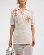 Image 7 of 8: Versace Coral Embroidered Short-Sleeve Crochet-Knit Polo Sweater