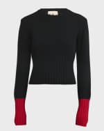 Image 1 of 6: Plan C Contrast Cuffs Long-Sleeve Crewneck Knit Sweater