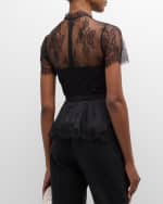 Image 5 of 6: SIMKHAI Kehlani Sheer Lace Short-Sleeve Peplum Bustier Top