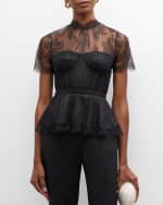 Image 3 of 6: SIMKHAI Kehlani Sheer Lace Short-Sleeve Peplum Bustier Top