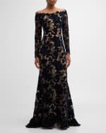 Image 3 of 4: Oscar de la Renta Off-Shoulder Peony Velvet Guipure Lace Gown
