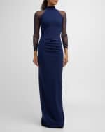 Image 5 of 5: Chiara Boni La Petite Robe Ruched Illusion-Sleeve Column Gown