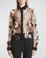 Image 3 of 6: Elie Saab Floral Embroidered Tulle Button-Down Shirt