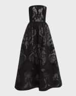 Image 1 of 6: Elie Saab Strapless Sequin Lace Embroidered Tulle Midi Dress