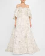 Off-The-Shoulder Floral Blouson-Sleeve Ball Gown