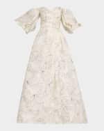 Off-The-Shoulder Floral Blouson-Sleeve Ball Gown