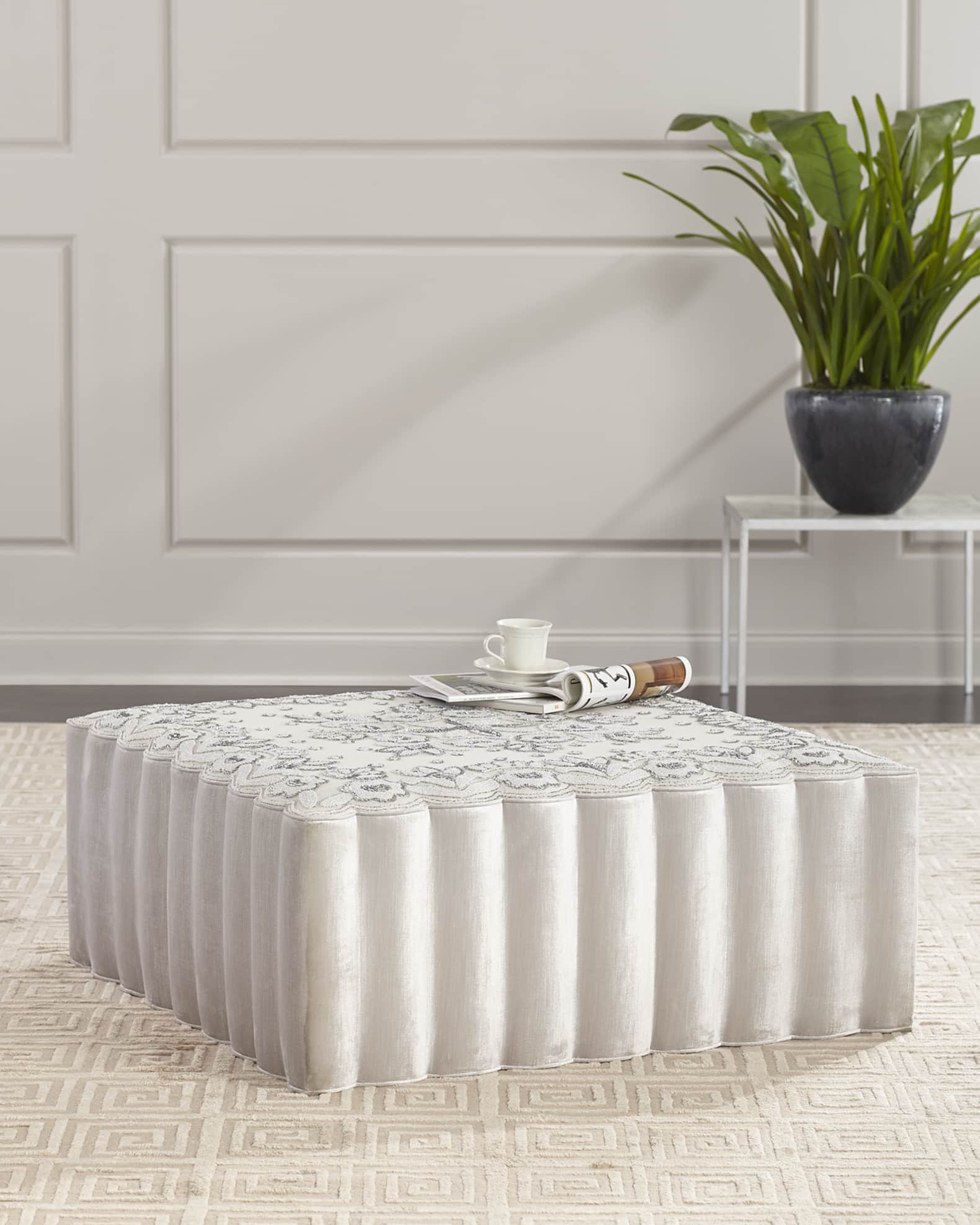 Beaded Velvet Square Ottoman 0