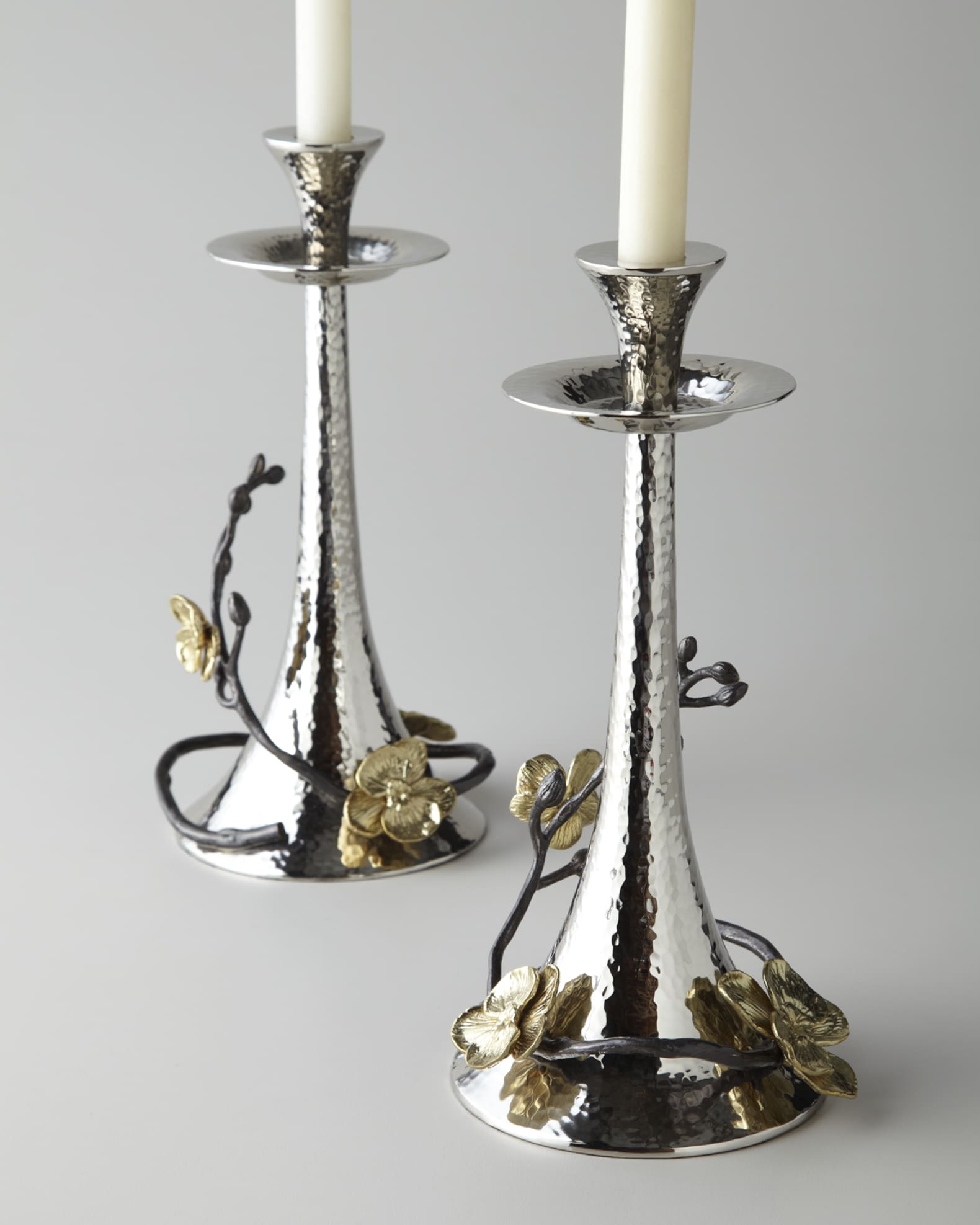 Michael Aram Two Gold Orchid Taper Candleholders | Neiman Marcus
