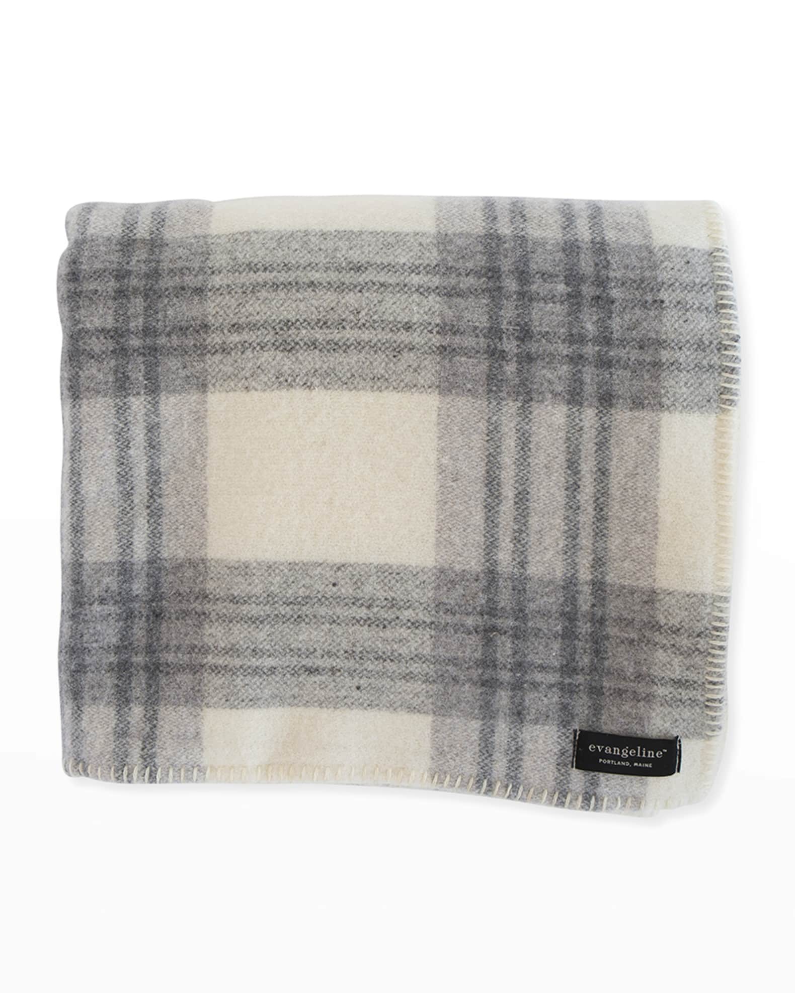 Evangeline Linens Plaid Merino Wool Twin Blanket, Cream/Ledge