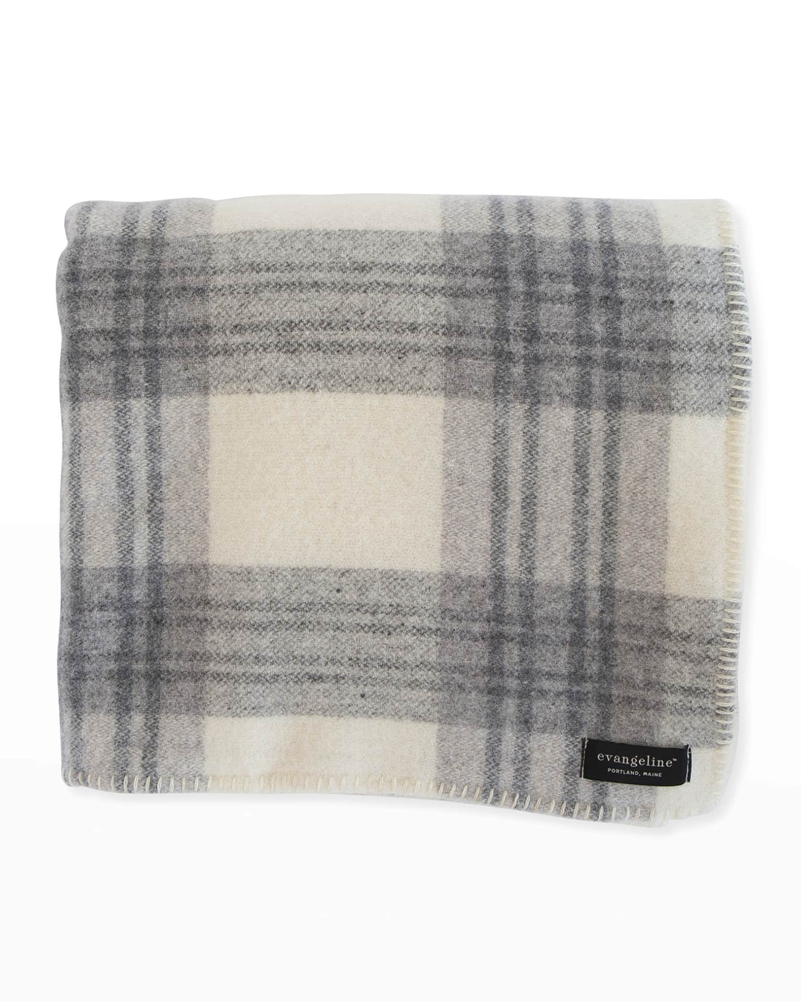 Evangeline Linens Plaid Merino Wool Blanket, Cream Ledge