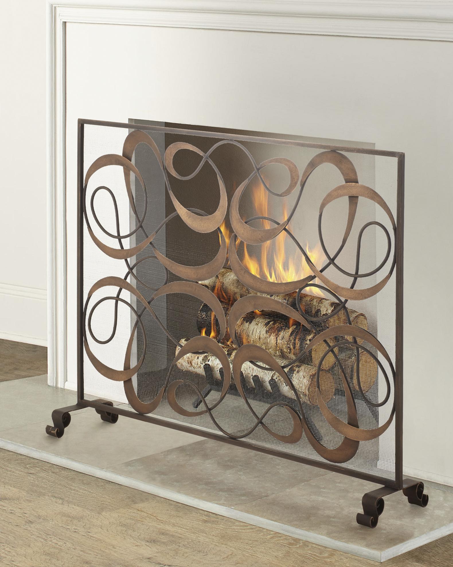 Chelsea ステンレススチール 壁掛けファイアプレース Dark Gold and Brown Iron and Tole Swirl Single Panel Fire Screen