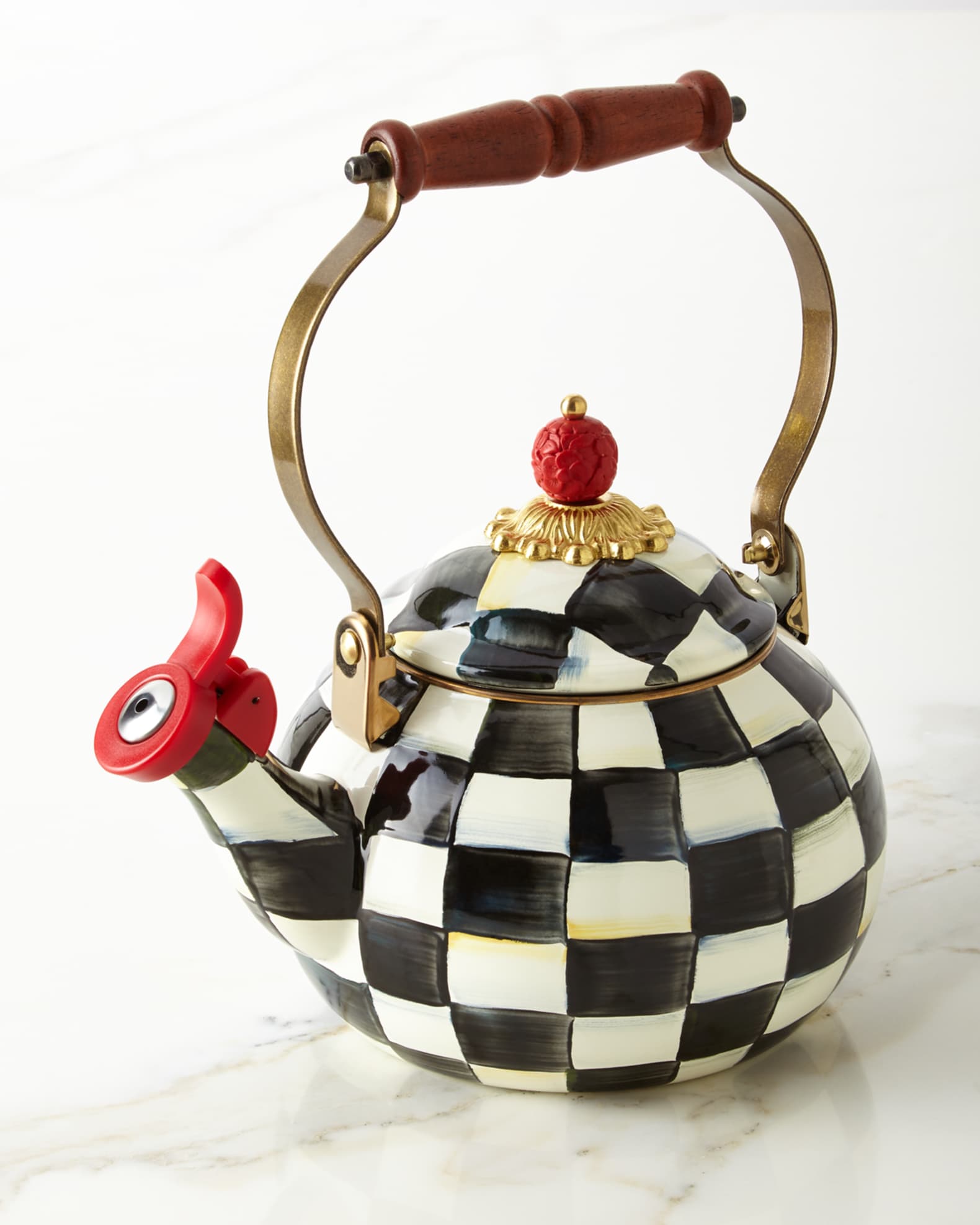 Iconic Black & White Courtly Check Enamel Tea Kettle with Bird